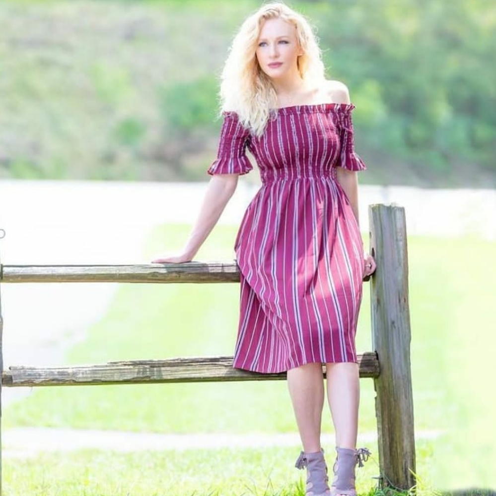 Pink Blush Burgundy Stripe Off The Shoulder Dress